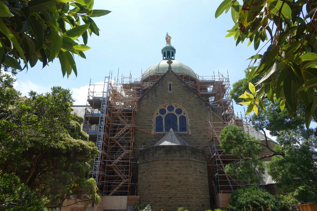 Our Lady 02 scaffold on tower of heritage building for renovations