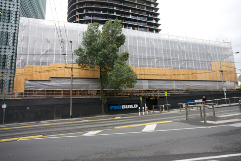 Swanston Square front of building covered in scaffold