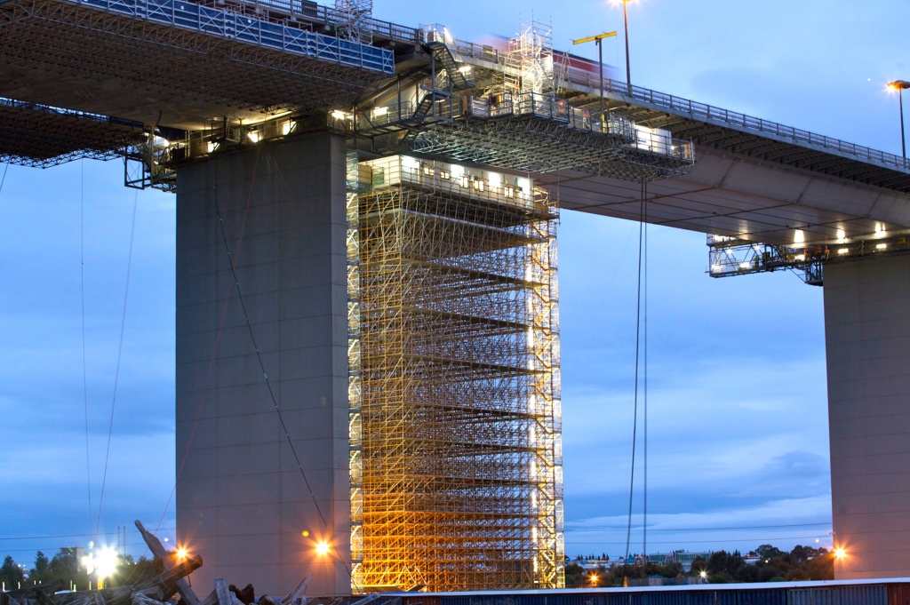 Westgate Bridge night image of scaffold and offices high up on westgate bridge